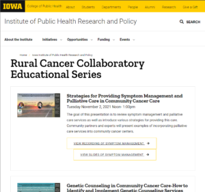 Screenshot of Rural Cancer Collaboratory Educational Series web page.